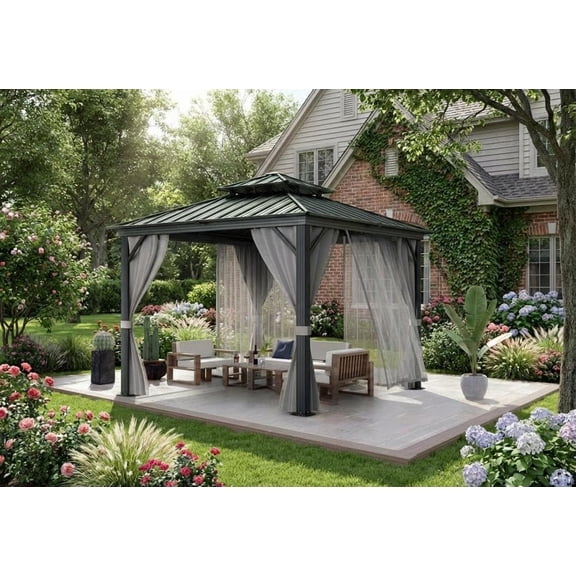 10x10Ft Hardtop Gazebo, Heavy Duty Double Roof, Gazebo Canopy with Nettings & Curtains, Aluminum Alloy Frame, Outdoor Gazebos for Patio, Backyard, Deck, Lawn, and Garden