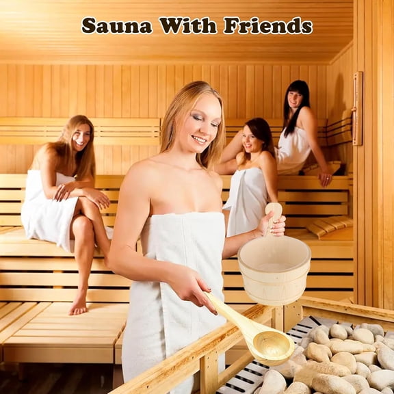 Sauna Bucket and Ladle Set, 1 Gallon(4L) Sauna Bucket and 14" Long Handle Spoon, Thermo-Hygrometer, Sauna Hourglass, 4 Pcs Sauna Accessories Kit for Home Bath Spa Pool Outdoor