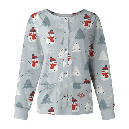 

TAIAOJING Women Scrubs Top Workwear Shirt Tops Merry Christmas Prints O Neck Long Sleeve Pockets Loose Tops Shirt Tunic Tops