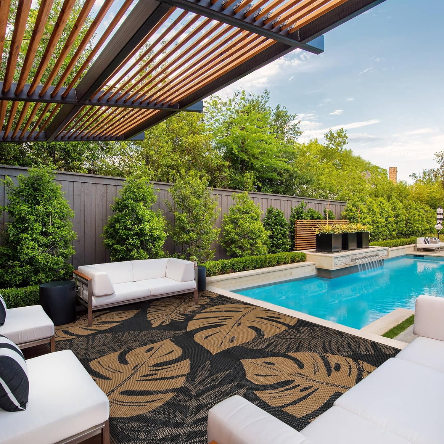 Funslane Outdoor Rug 8' x 10', Waterproof Plastic Straw Mat, Foldable & Reversible, Indoor Outdoor Rugs for Patio, Deck, RV, Beach, Picnic, Black/Brown