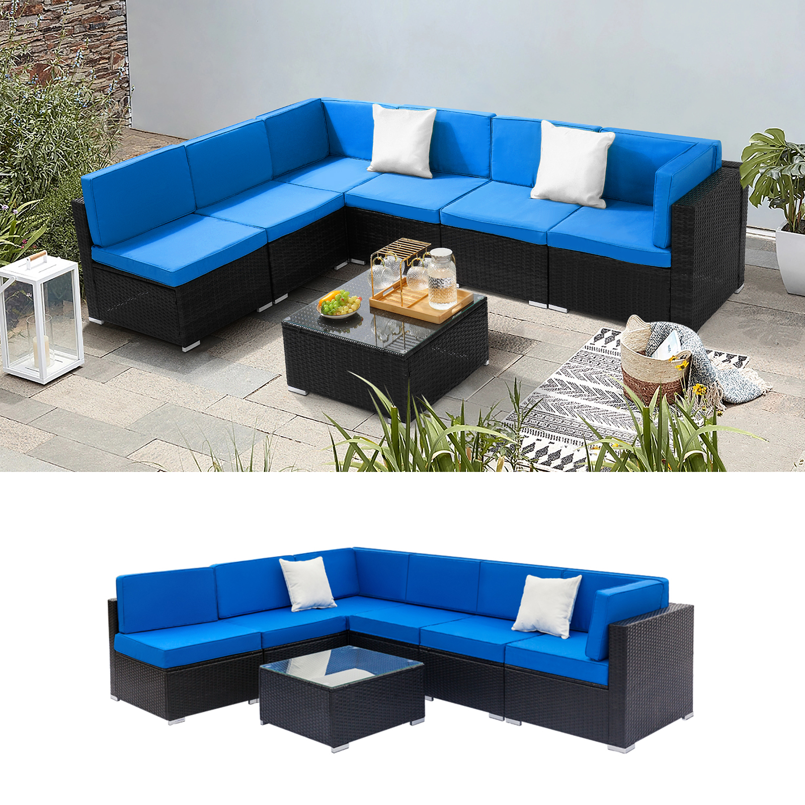 Zimtown 7PCS Outdoor Patio Sectional Set, Wicker Couch Sofa Set, Rattan Conversation Set, All Weather Chat Set for 6 Person, Blue and Black PE Rattan with Table - image 5 of 9