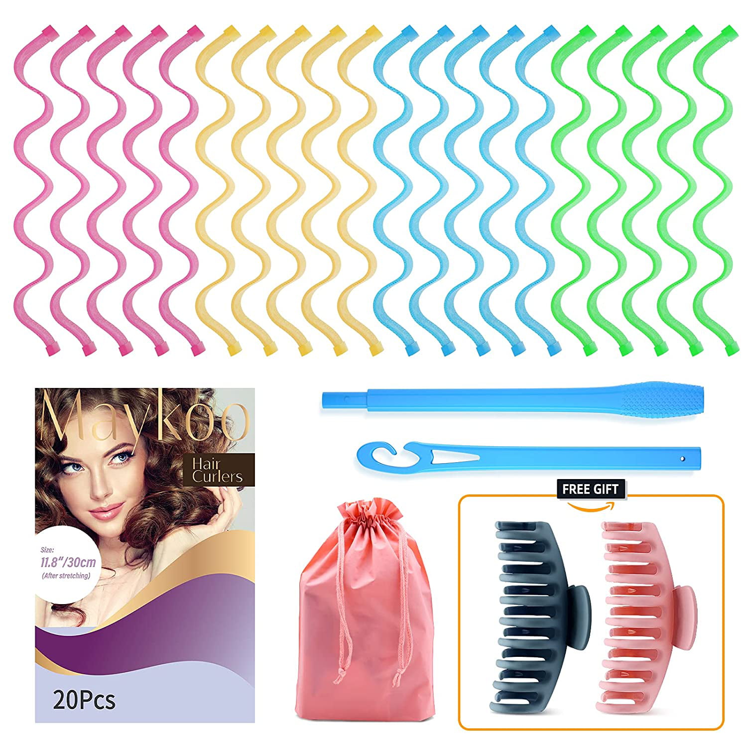 20 PCS Heatless Hair Curlers No Heat Hair Curlers Styling Kit Wave Style Hair  Rollers Magic Spiral Curls with Styling Hooks & 2 French Hair Claw Clips,  for Most Kinds of Hairstyles