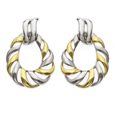 X & O 14kt Gold-Tone with Rhodium Two-Tone Fluted Creole Earrings