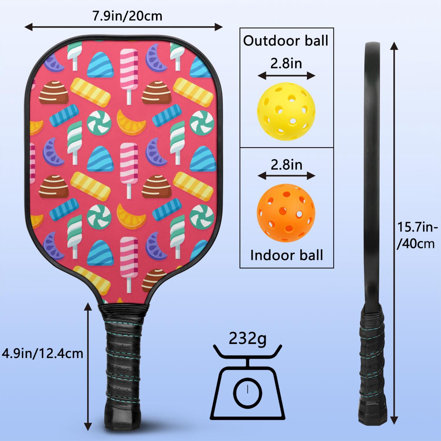 Pickleball Paddles Set Of 2, Fiberglass Surface, Sweet Candy Print, 4 Balls & Bag