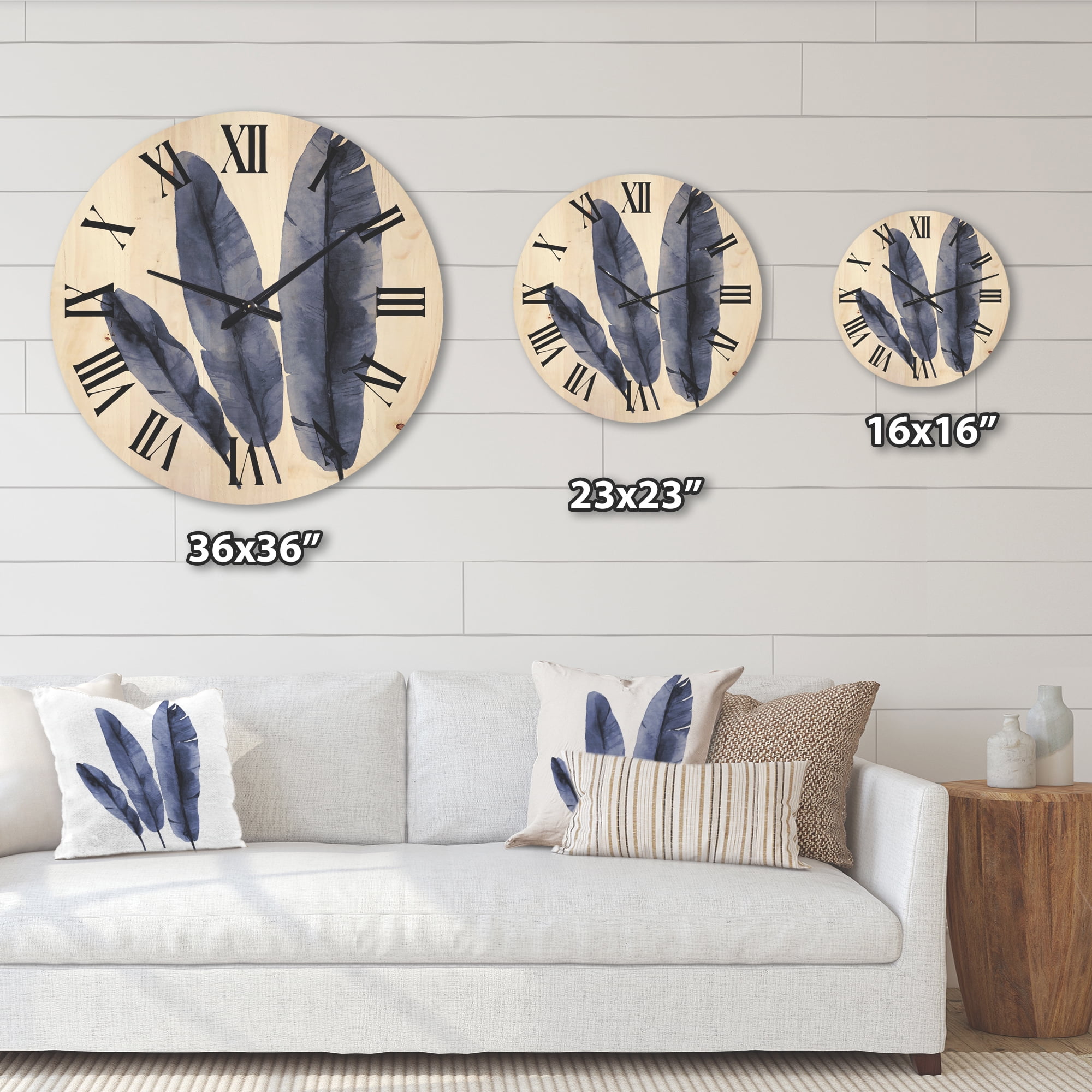 Designart 'Navy Blue Tropical Banana Leaves On White' Tropical Wood Wall Clock