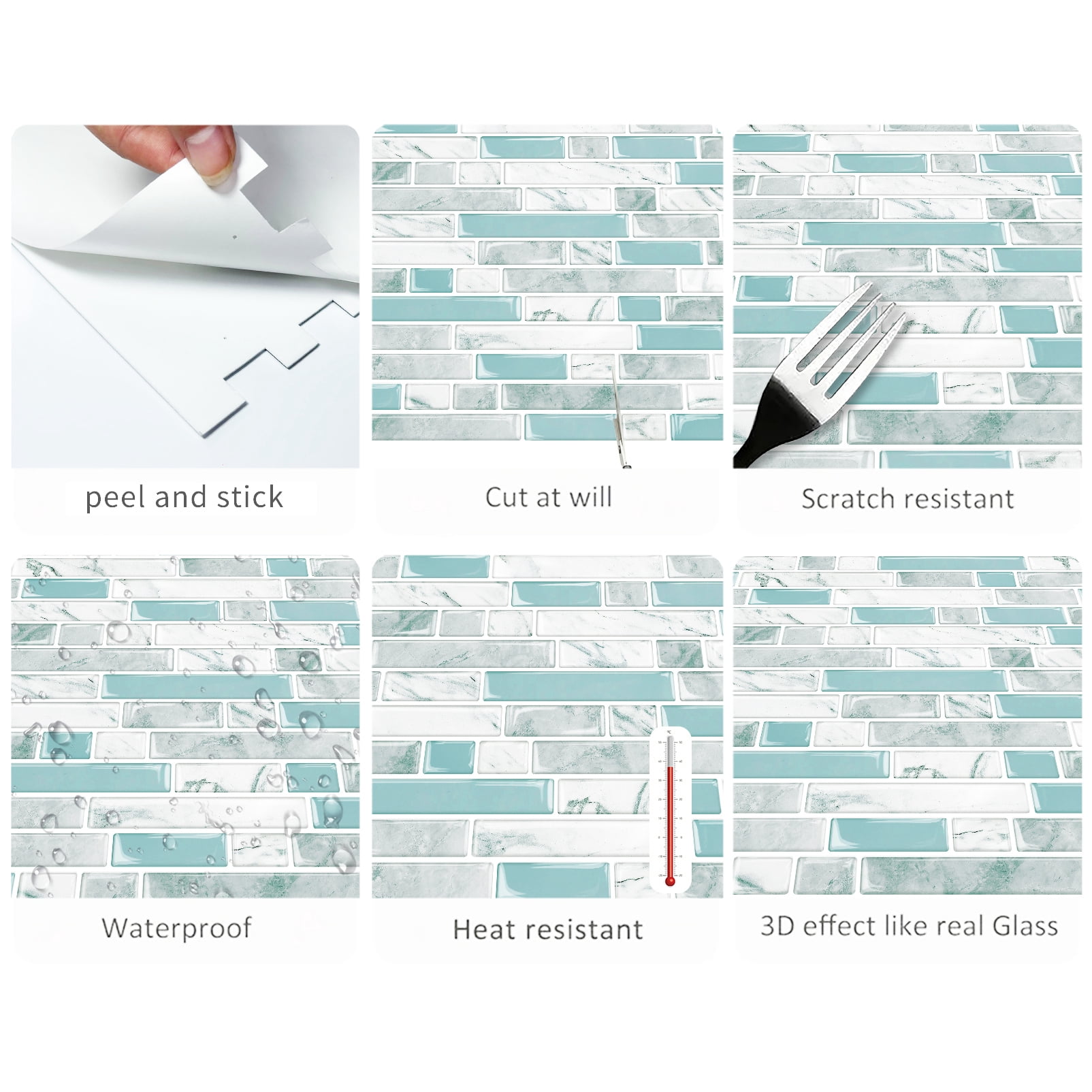 DEWOO Thick Kitchen Peel and Stick Tile Backsplash, Stick on Wall Tiles, 12"x12" Self Adhesive Sticky 3D Wall Marble Tiles Bathroom (10-Sheet，Light Blue)