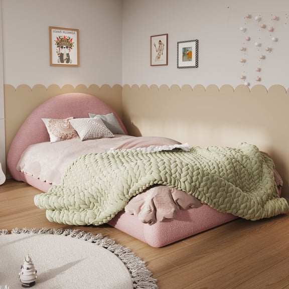 MODERNLUXE Twin Size Upholstered Platform Bed Frame with Curved Headboard and Boucle Fabric, Pink