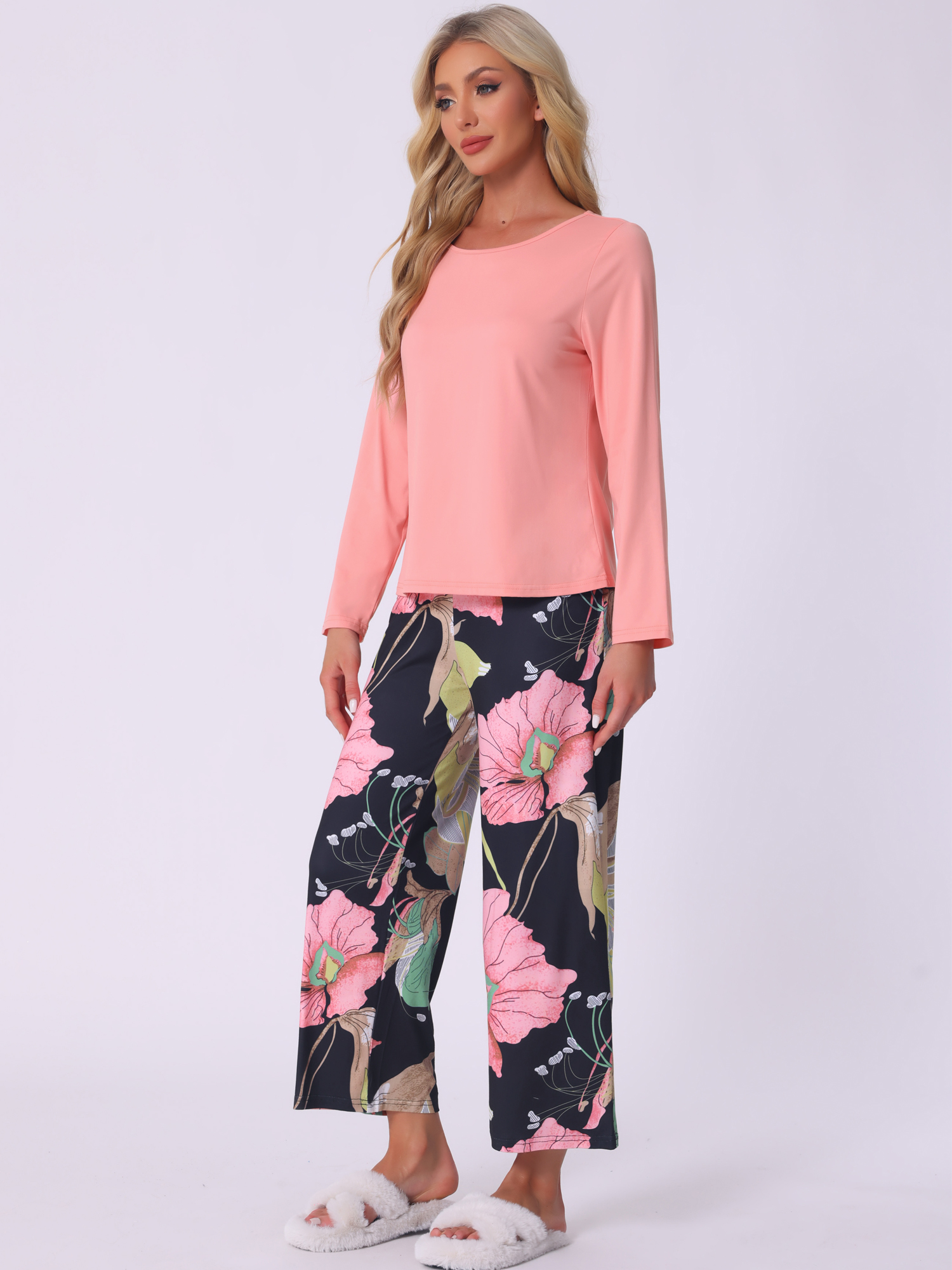 DARING DIVA Long Sleeve Floral Capri Soft Strechy Pajama Sets 2 Pieces S Pink