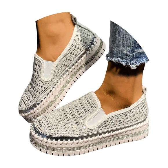 Women Sparkling Round Toe Slip on Casual Shoes Rhinestone Decor PU Upper Flat Heel Comfort Lightweight Walking Shoes for Daily Wear Parties