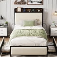 thumbnail image 1 of Bingirl Cadre de Lit Format Simple avec 2 Tiroirs de Rangement et Station de Recharge, Lit Plateforme Rembourré en Velours Rustique avec Tête de Lit de Rangement, Aucun Sommier Requis, Assemblage Facile, Sans Bruit, Beige, 1 of 7