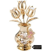 Matashi 24K Gold Plated Crystal Studded Flower Ornament in Vase with Decorative Butterfly Tabletop Ornament - Great Gift for Birthday Mothers Day Valentines Day Anniversary, Home Office Decor