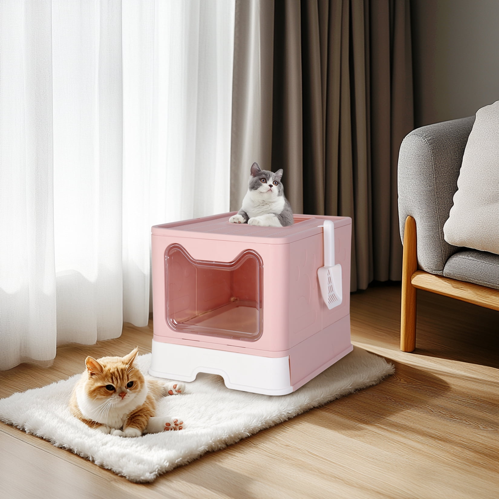 BingoPaw Cat Litter Box Pet Litter Boxes Toilet with Scoop Drawer Portable Foldable Pink