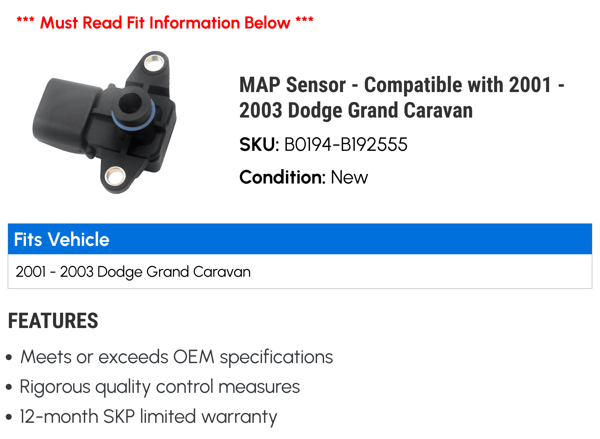 MAP Sensor - Compatible with 2001 - 2003 Dodge Grand Caravan 2002