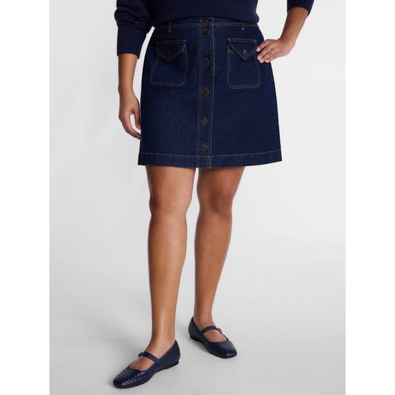 Terra & Sky Women's Flap Pocket Button Front Denim Mini Skirt, Sizes 0X-5X