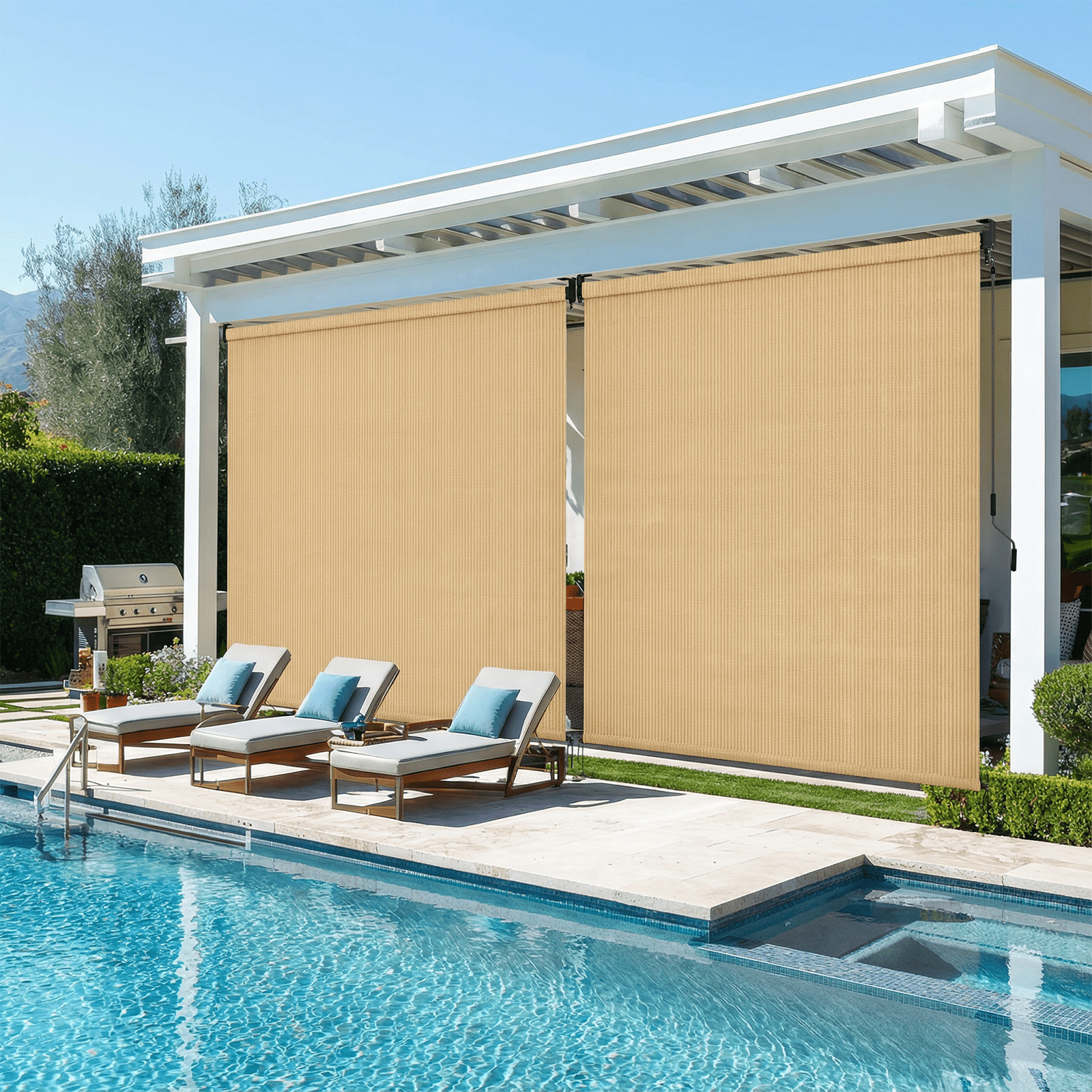 TLGREEN Outdoor Roller Sun Shade, 6‘ x 6’, HDPE Shade Cloth, Aluminum Tube（Sesame）