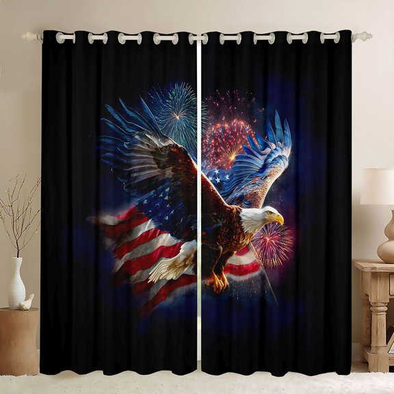 Manfei Eagle Usa Flag Kitchen Curtains,July 4Th Fireworks Black Out Curtains Pack of 2 (42x63 Each),Brown Red Blue