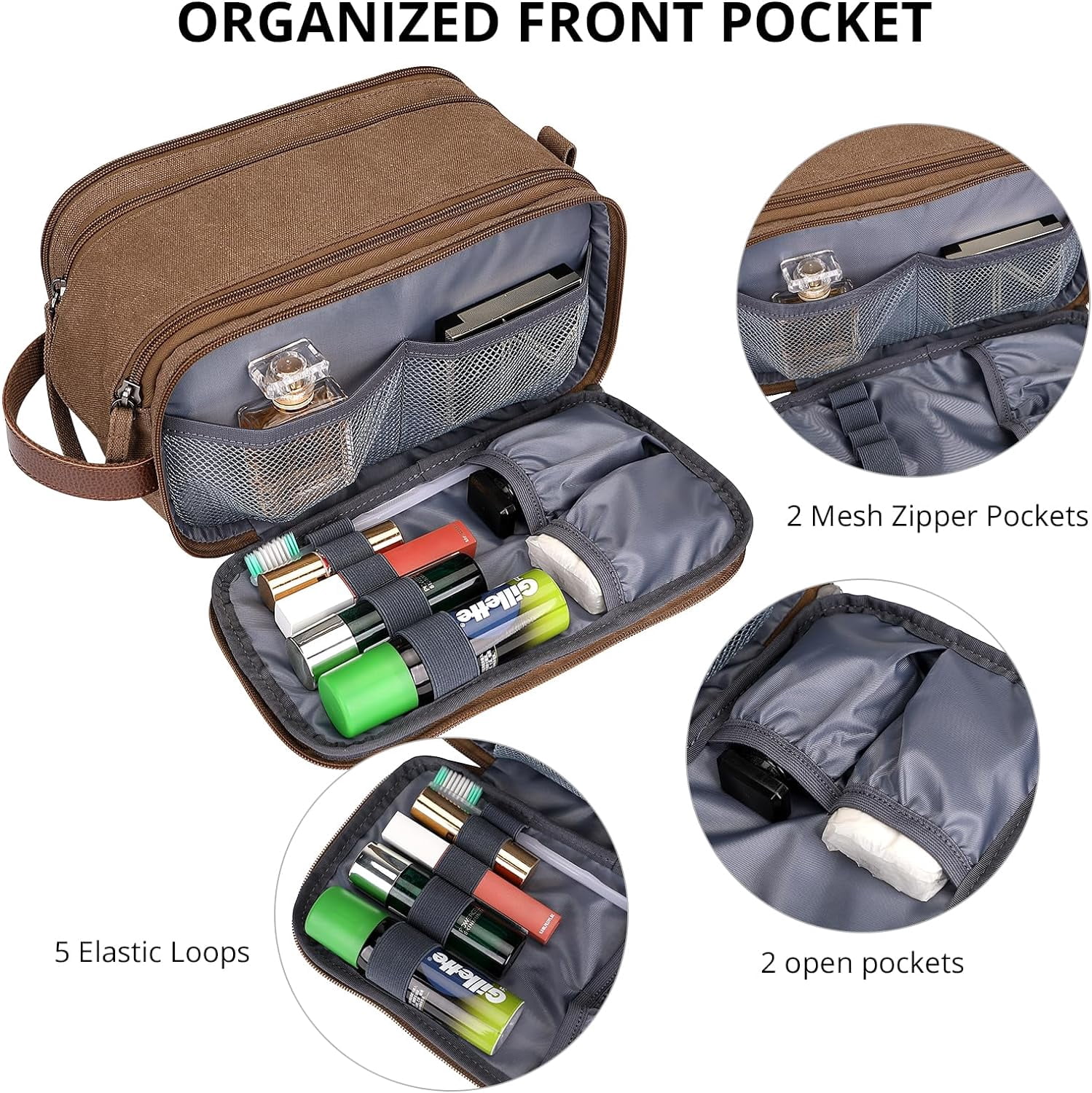 WITZMAN Canvas Toiletry Bag for Men Large Capacity Hanging Dopp Kit for Men Leather Toiletries Water-Resistant Bathroom Bag(A8002 Brown)