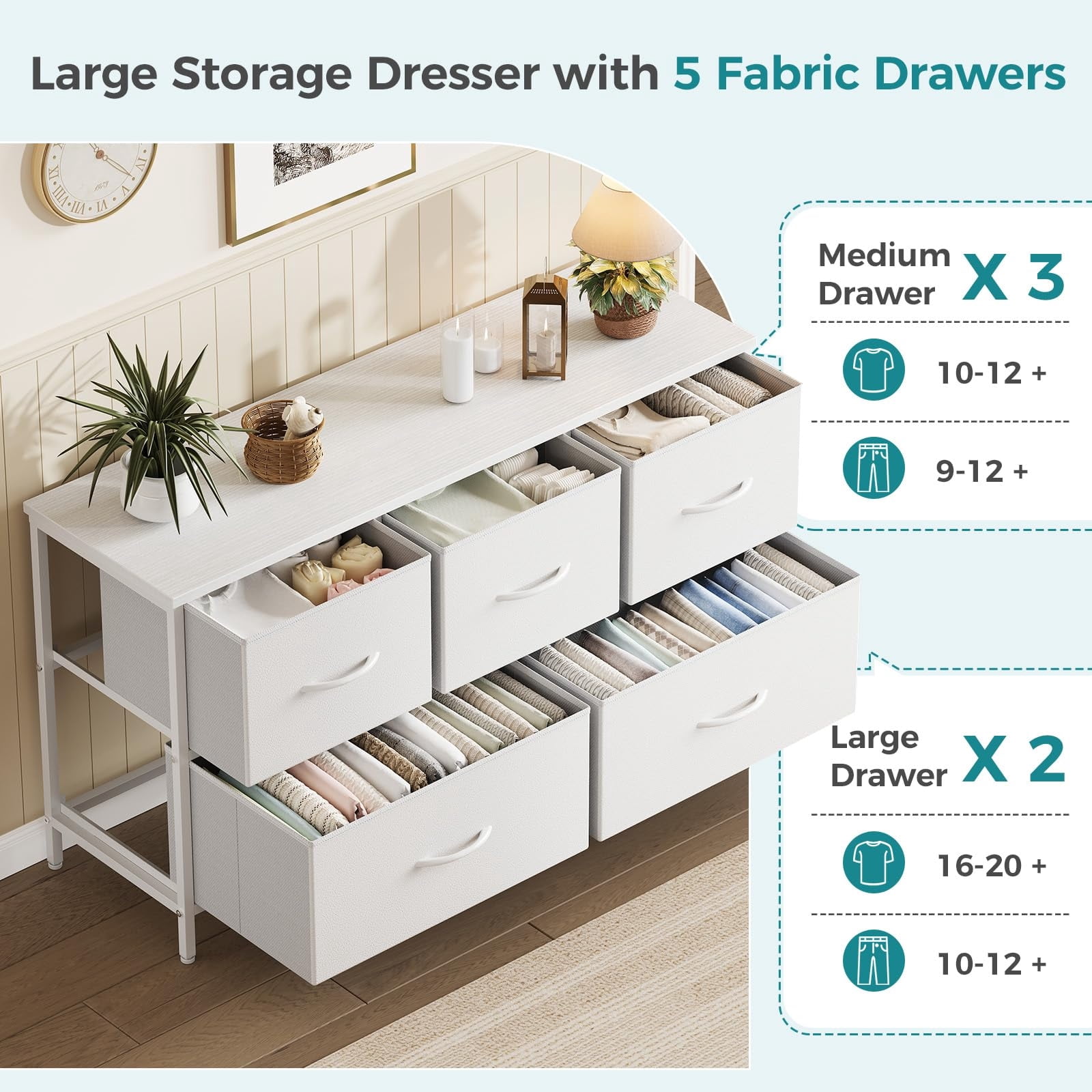 Telyra 5-Drawer Fabric Dresser TV Stand Organizer with Wood Top and Metal Frame, White