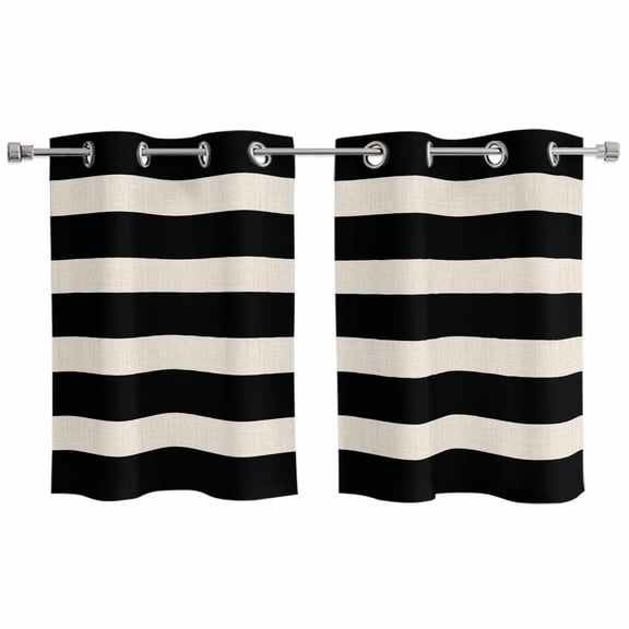 2 Panels Kitchen Tier Curtains 39 Inch Length, Black Beige Striped Grommets Window Treatment Curtain, Vintage Geometric Line Simple Thermal Curtains Drapes for Living Room/Bathroom