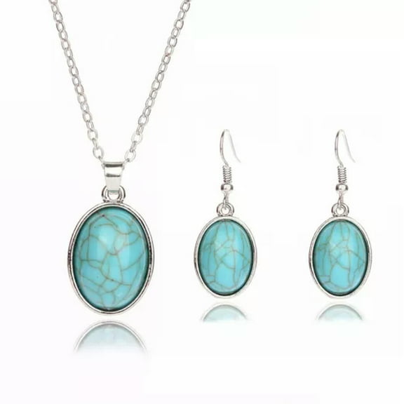 EOEMY Retro 925 Silver Turquoise Women Wedding Jewelry Earrings Necklace Set Gifts-#2