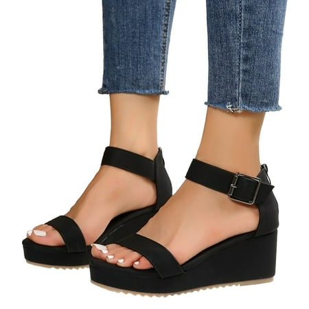 

ZIZOCWA Flatfrom Wedges Sandals for Women Summer Solid Color Ankle Buckle Strap Casual Open Toe Soft Bottom Roman Sandals Shoes Outdoor Black Size8