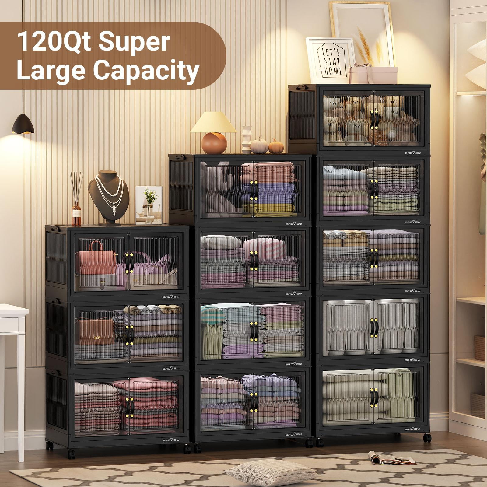 BROVIEW 120Gal Large Storage Bins with Lids, 480Qt Plastic Stackable Closet Organizer and Storage, Collapsible Storage Box with Wheels, Folding Storage Cabinet Containers for Home Office, 3Pack Black