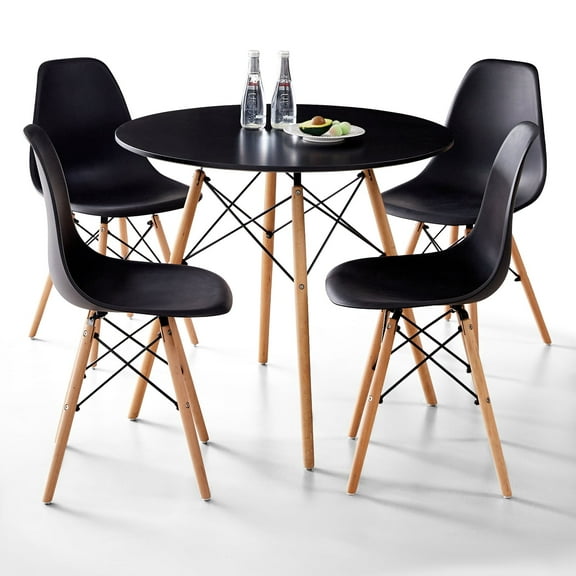 5 Piece 31.5'' Round Dining Table Set for 4, Kitchen Table & Chairs Set of 4, Mid-Century Modern Table W/ 4 Chairs for Home, Living Room, Apartment, Wood Legs, Metal Frame, Black