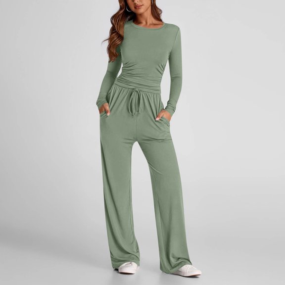 Juslio Womens Pants Drawstring Elastic Waist Comfortable High Waist with Pockets Straight Pants and tops Set