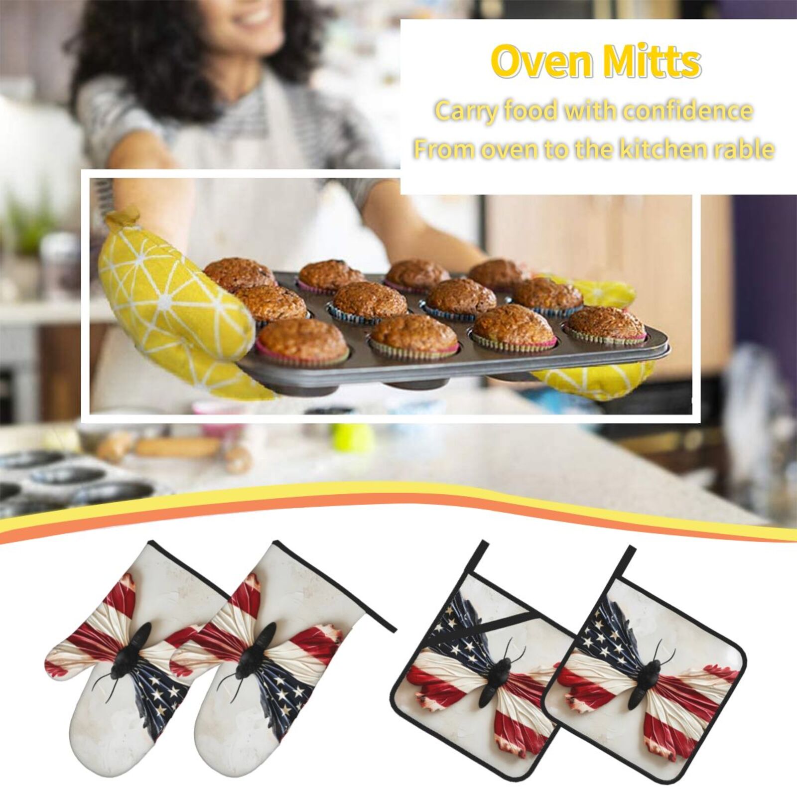 Naloa American Flag Butterfly Wall Oven Mitts and Pot Holders 4 pcs Set, Cooking Baking Grilling Kitchen Oven Glove for Cooking