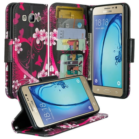 Galaxy On5 Case, Samsung Galaxy On5 Wallet Case, Wrist Strap Flip Folio [Kickstand Feature] Pu Leather Wallet Case with ID & Credit Card Slots For Galaxy On5 - Heart