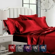 Ahmedani Linen 6 Pcs Luxury Super Soft Silky Satin Sheet with 1 Duvet Cover, 1 Deep Pocket Fitted Sheet, 4 Pillowcases, Queen Size Red