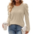 thumbnail image 2 of BRGZLK Puff Long Sleeve Shirts Women Lightweight Crew Neck Ribbed Knit Sweaters Solid Color Soft Cozy Warm Business Casual Base Layer Tops Khaki M, 2 of 7