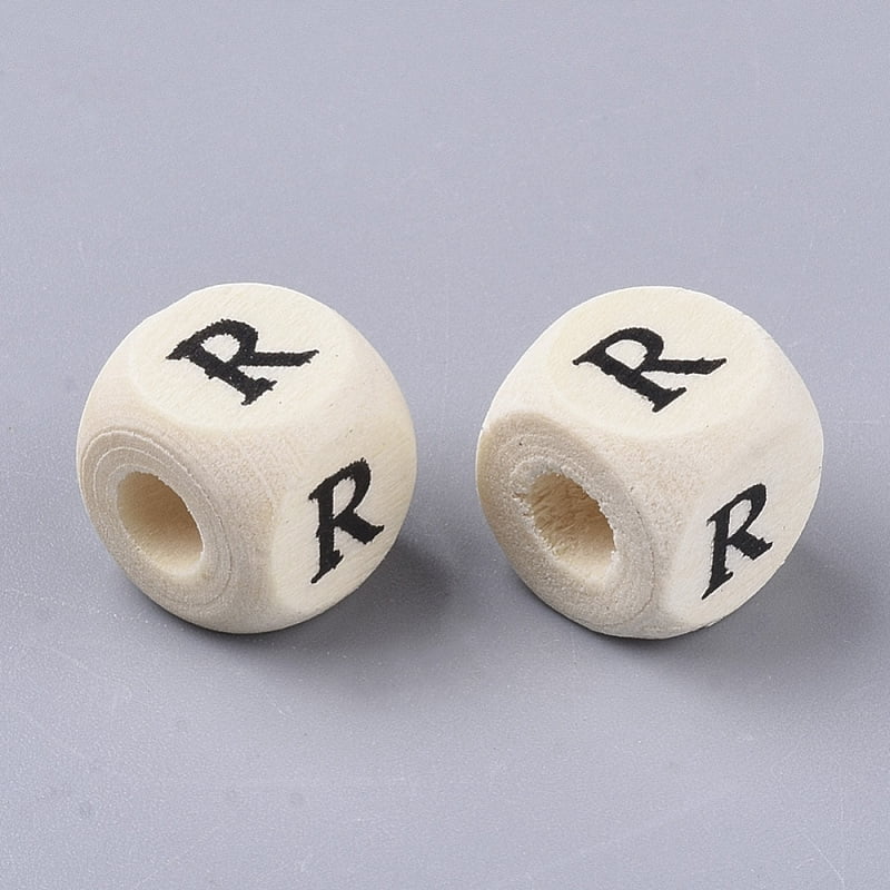 Printed Natural Wood Beads Horizontal Hole Cube with Initial Letter PapayaWhip Letter R 10x10x10mm Hole: 3.5mm about 950~1000pcs/500g
