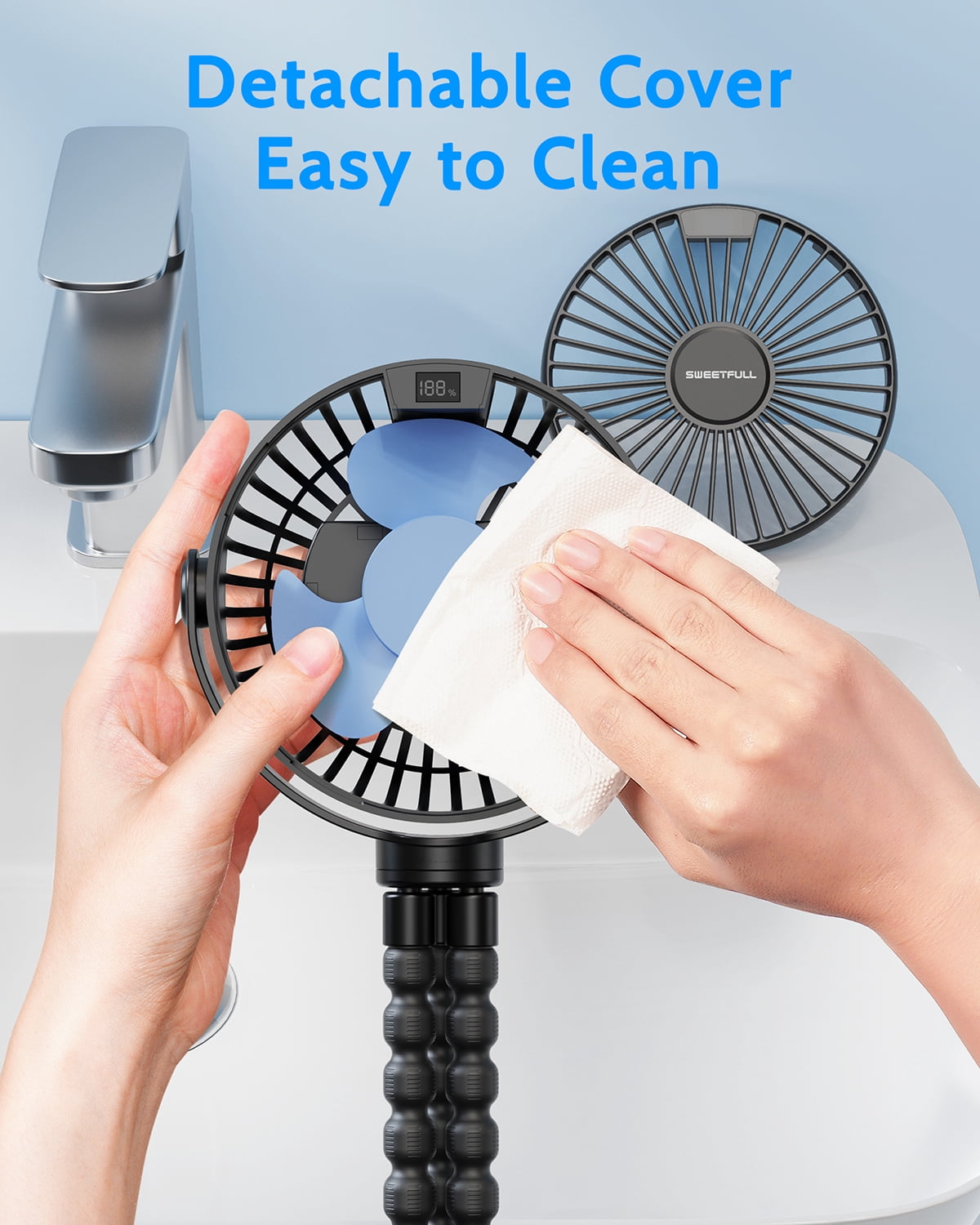 SWEETFULL Portable Stroller Fan, with Display 4000mAh Battery Powered Mini Clip On Fan, 4-Speed Rechargeable Small Personal Fan Handheld Desk Cooling Fan for Baby Car Seat Crib Travel Black