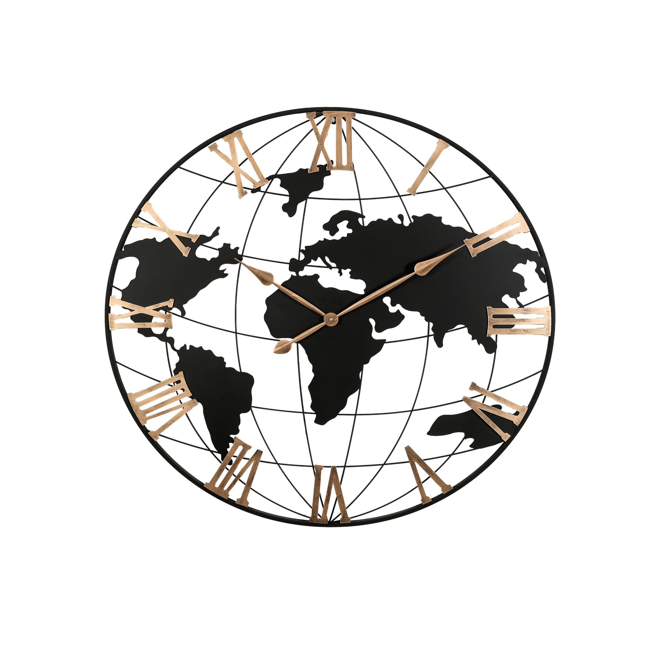 Noble House Extra Large Black Metal World Map Wall Clock, Silent Design with Vintage Gold Roman Numerals, Modern Decorative Clock, Black + Gold