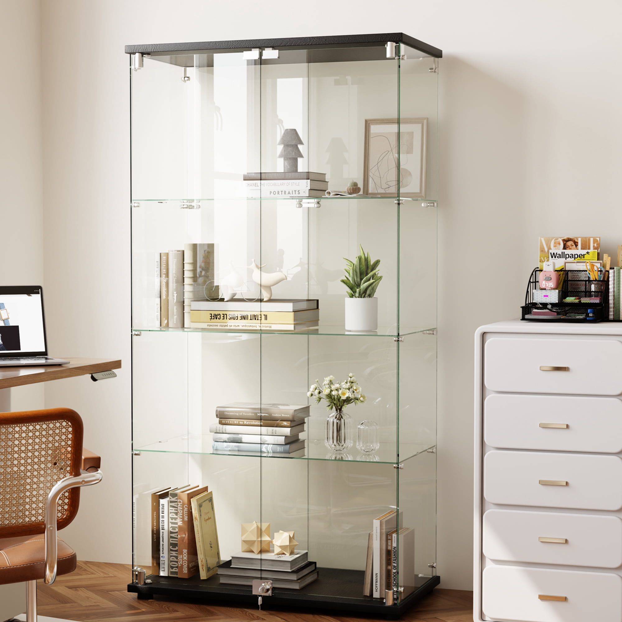 BEAUTYPEAK 64" Display Cabinet with Glass Doors, 4-Tier Double-Door Curio and Collection Showcase, Black