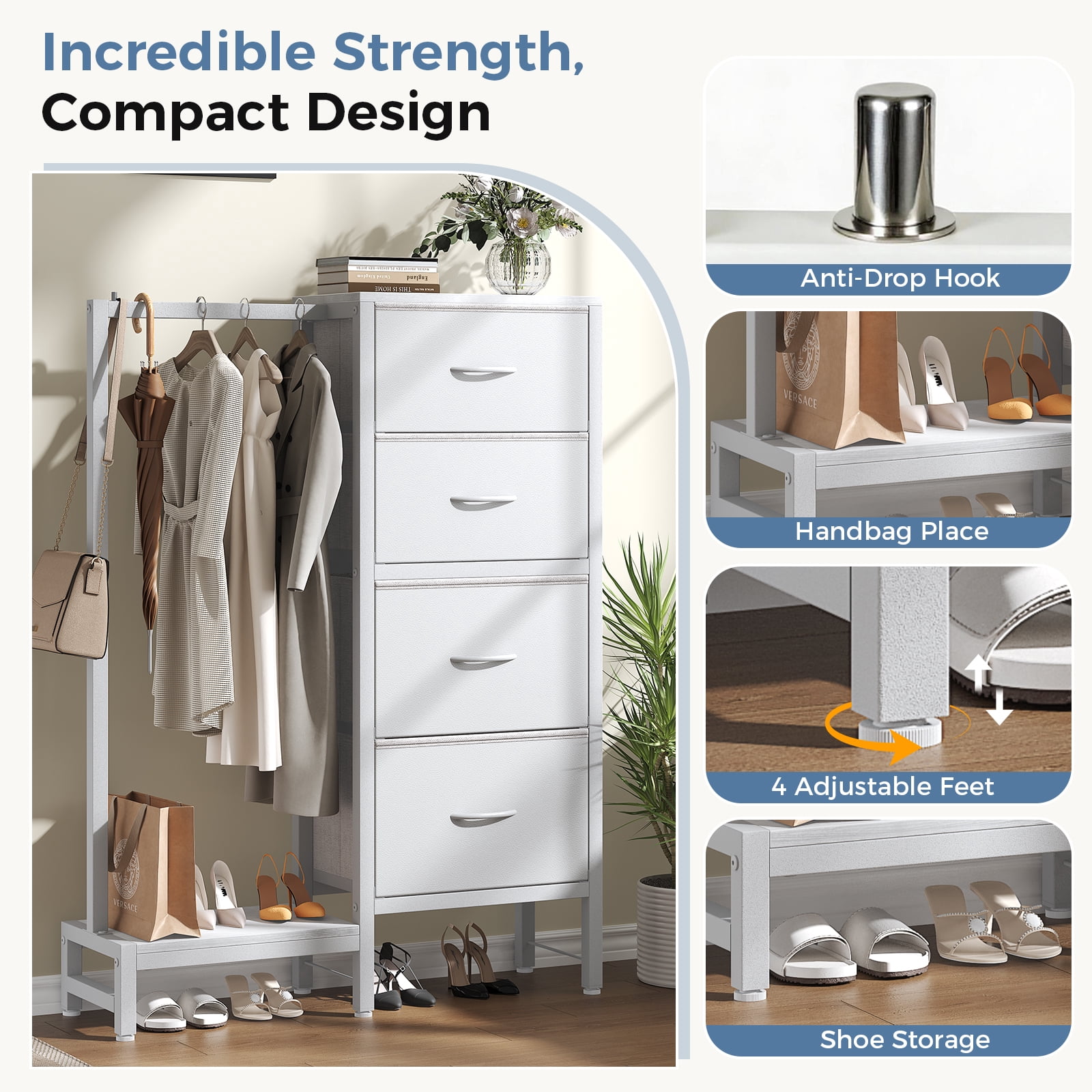CONCETTA 4 Drawers Dresser with Hanging Rack, 44-inch Tall Reversible Fabric Chest, Bedroom Storage Tower, White