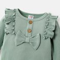 thumbnail image 3 of PatPat Baby Girls Outfits Sets, Infant Clothes 3pcs Baby Girl Solid Cotton Ribbed Ruffle Trim Bow Front Long-sleeve Romper and Pants with Headband Set, 3 of 6