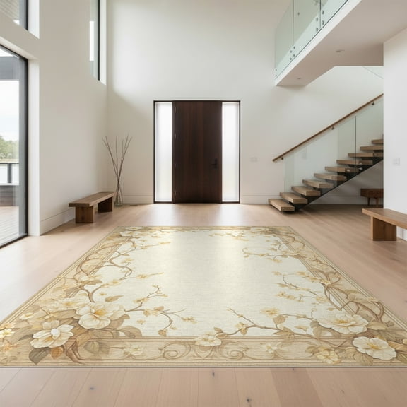Design&I 8'x10' Washable Area Rug Snag-Free Neutral Botanical Vine Scroll Delicate Border Beige Cream for Dining Room, Large Office, Lounge