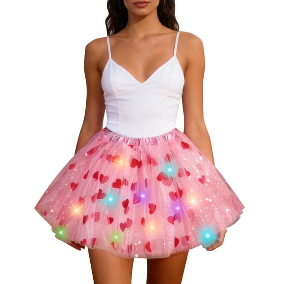 XIAOCHA Women Heart LED Light-Up Tutu Skirt Elastic Waist Layered Glitter Tulle Mini Skirt Party Festival Dance Wear Skirt