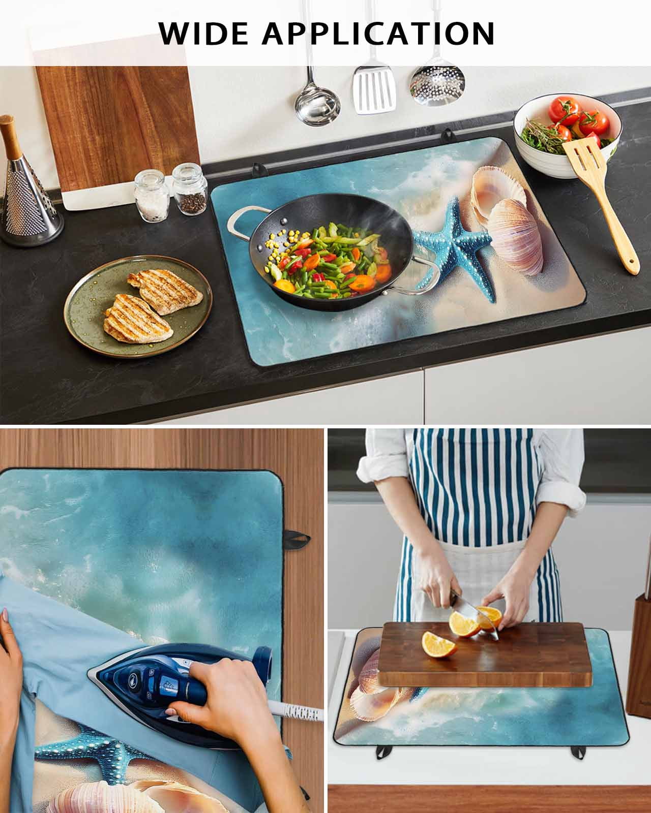 nqOlkjepod Large Induction Cooktop Protector Mat 36"x21", Blue Coastal Stove Top Covers for Electric Stove, Summer Nautical Seaside Starfish Shell Stove Burner Cover Mats, Glass Top Stove Cover
