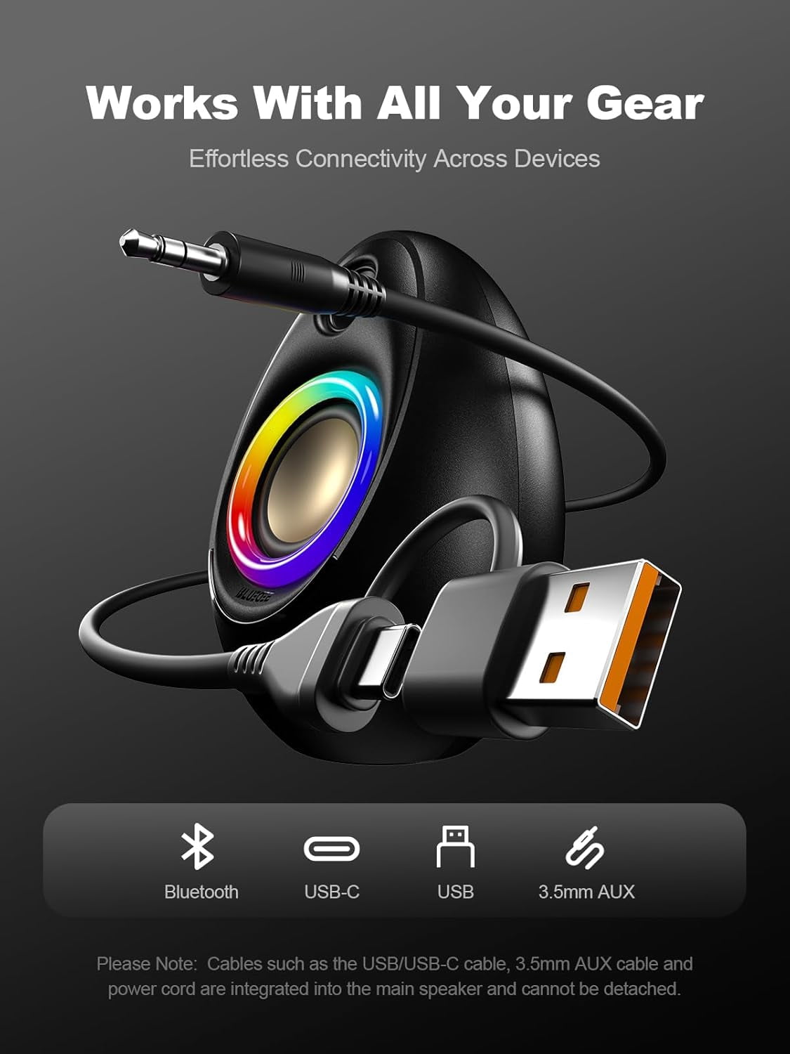 Computer Speakers with Subwoofer, 2.1 PC Deep Bass and 80W Peak Power, Adapter Powered, Bluetooth 5.4 & USB/USB-C/AUX-in, RGB Desktop for Computer, Laptop, Monitor