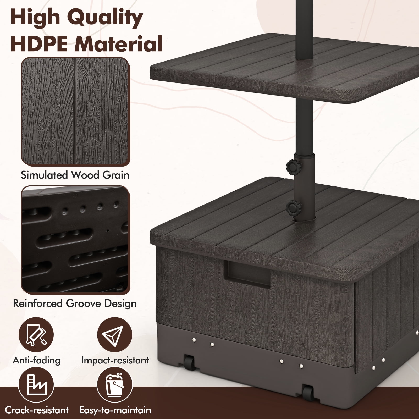Gymax Patio 175lbs Fillable Umbrella Base w/ Table Tray Wheeled 3-in-1 Stand Outdoor