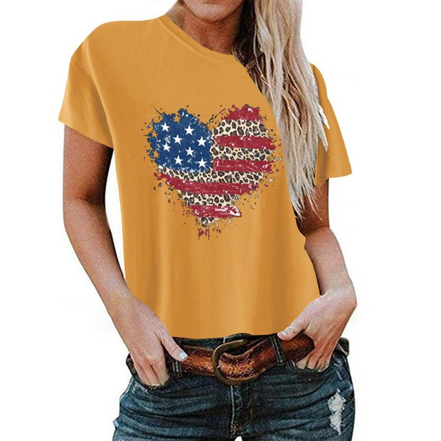 Birdeem T-Shirt pour Femmes d'Été Décontracté Ample Imprimé Fête de l'Indépendance à Col Rond à Manches Courtes