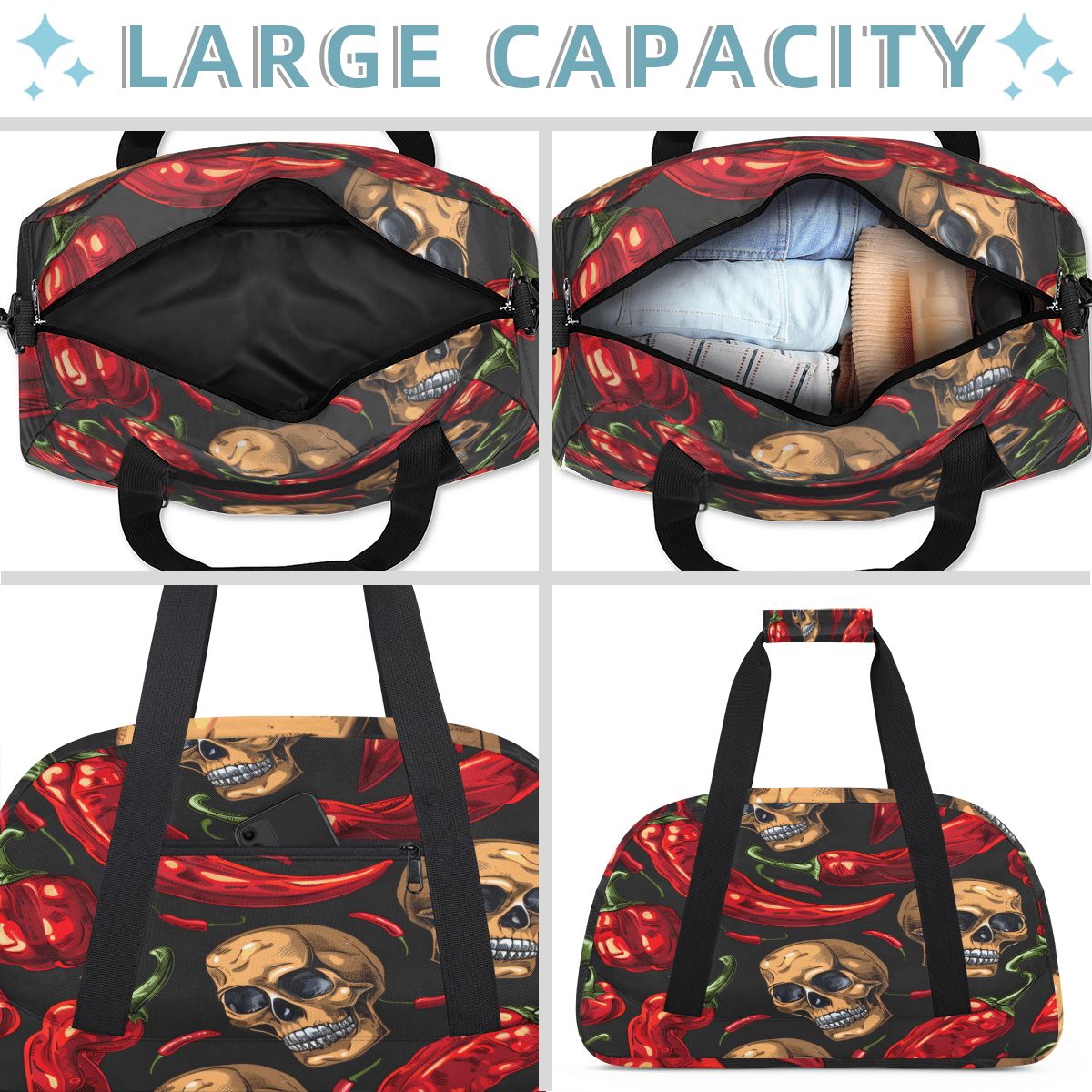 Herdesigns Skull Sports Duffle Bag for Women & Men, Chilli Pepper Gym Bag Dance Bag Overnight Bag Carry On Weekender Travel Bag