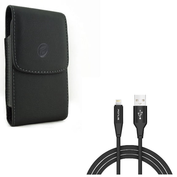 Black Leather Carry Case Side Cover Pouch w Braided 6ft Long USB Cable Wire Sync R2Y Compatible With iPhone XS X 8 7 6S 6 11 Pro