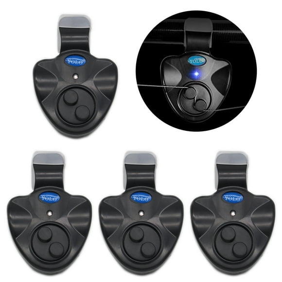 YOLO Lot de 4 Alarmes de Morsure de Pêche à LED avec Alerte Sonore, Noir, Design en Plastique Léger, Sans Batterie Incluse, 5x5.5cm, Idéal pour les Pêcheurs