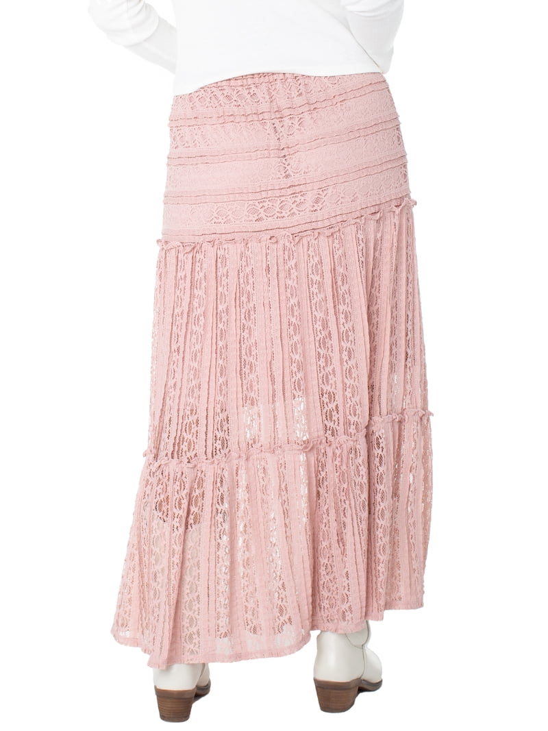 スカート Herlipto Rosa Lace Tiered Skirt Celebrity Pink Women's Lace Tiered Maxi Skirt, Sizes XS-XXXL