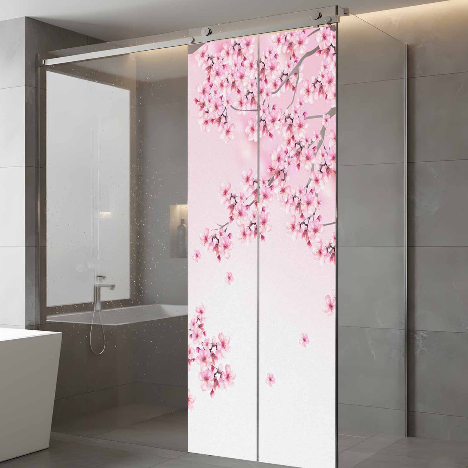 Cherry Blossom Window Privacy Film, Gradient Tree Pink Flower Plant Static Cling UV Sun Blocking Heat Control Window Tint Day and Night,Non-Adhesive Reusable One Way Windows Privacy Cover 23.6''x59''