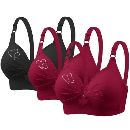 3 Pack Sports Bras for Women Comfortable V-Neck No Underwire Push up Bra with Adjustable Strap Breathable Soft Bras Woman s Rhinestone Printing Gathered Large Size Daily Bra Underwear Tops Black XL